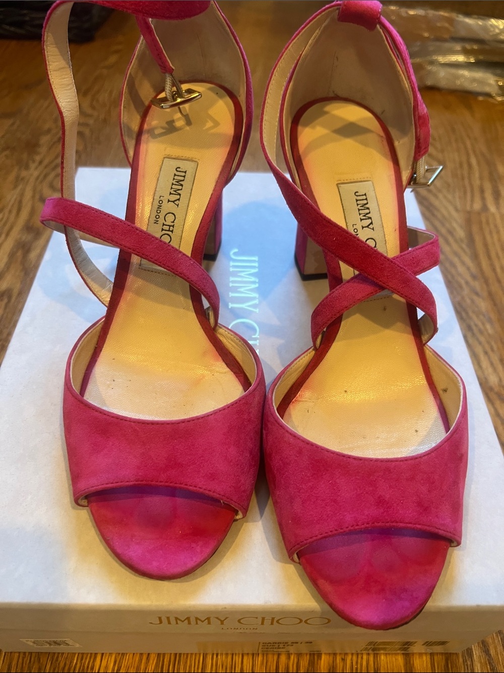 Jimmy Choo Fuchsia Suede Crisscross Ankle-Strap Block Heels